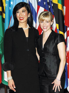 Andrea Jung and Reese Witherspoon at the UNIFEM and AVON press conference