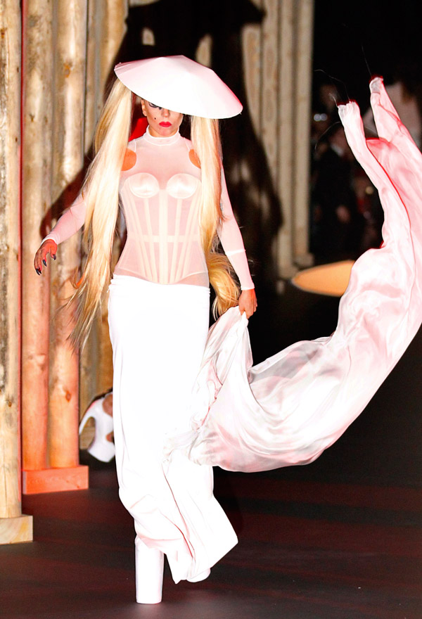 Lady Gaga on the Thierry Mugler catwalk at Paris Fashion Week