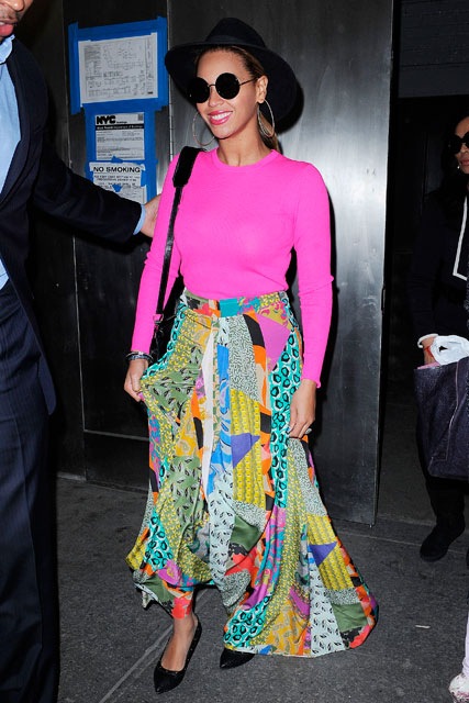 Beyonce wears bright pink jumper and Etro skirt in New York - celebrity fashion - celebrity pictures