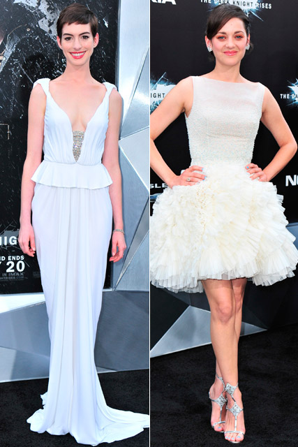Anne Hathaway in Prabal Gurung and Marion Cotillard in Dior at the New York premiere of The Dark Knight Rises Anne Hathaway in Prabal Gurung and Marion Cotillard in Dior at the New York premiere of The Dark Knight Rises