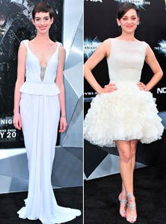 Anne Hathaway in Prabal Gurung and Marion Cotillard in Dior at the New York premiere of The Dark Knight Rises