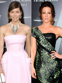 Jessica Biel and Kate Beckinsale at the Los Angeles premiere of Total Recall