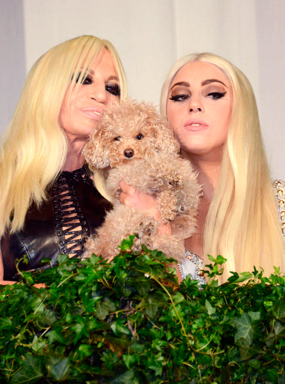 Donatella Versace and Lady Gaga on a balcony in Milan