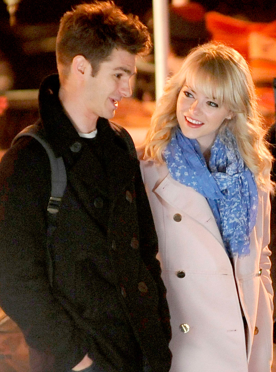 Emma Stone and Andrew Garfield on the set of Spider-Man