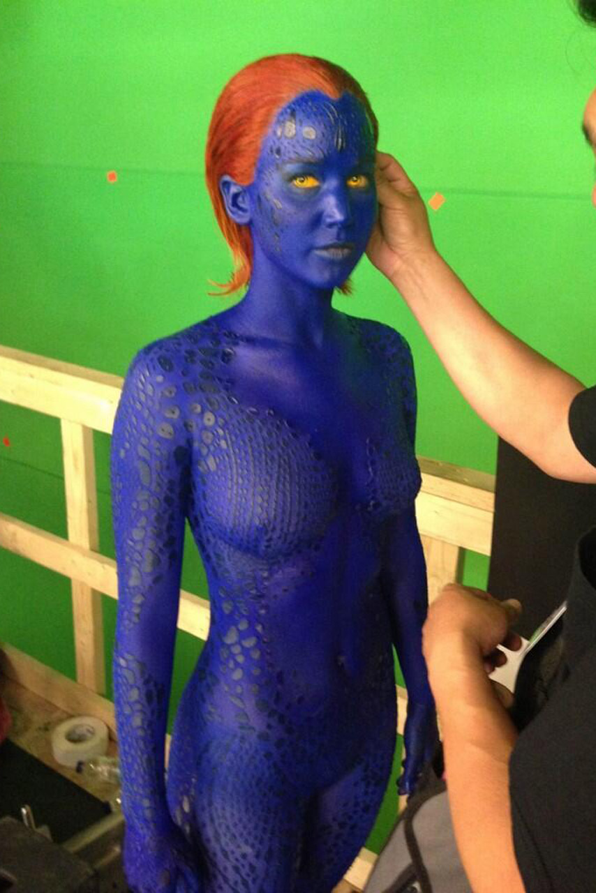 Jennifer Lawrence is painted in blue bodypaint for X-Men Jennifer Lawrence is painted in blue bodypaint for X-Men