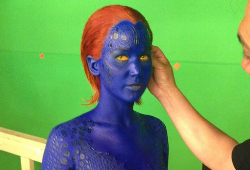 Jennifer Lawrence is painted in blue bodypaint for X-Men