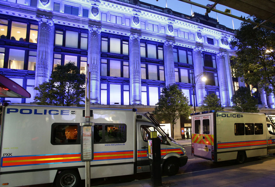 Smashed glass inside Selfridges following the raid