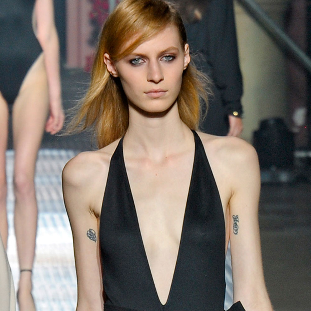 Julia Nobis shows off her tattoos at Lanvin SS13
