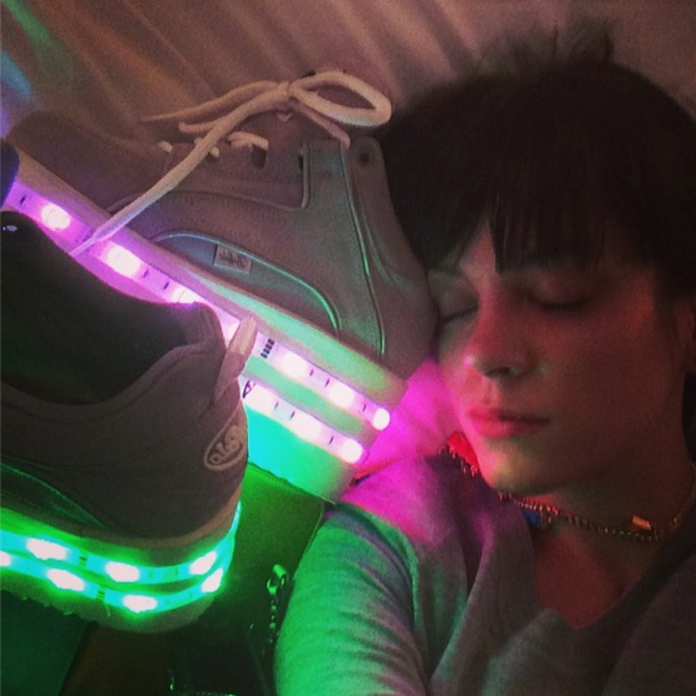 Lily Allen loves her light-up platform Buffalo trainers, part of the Ashish Topshop collaboration.